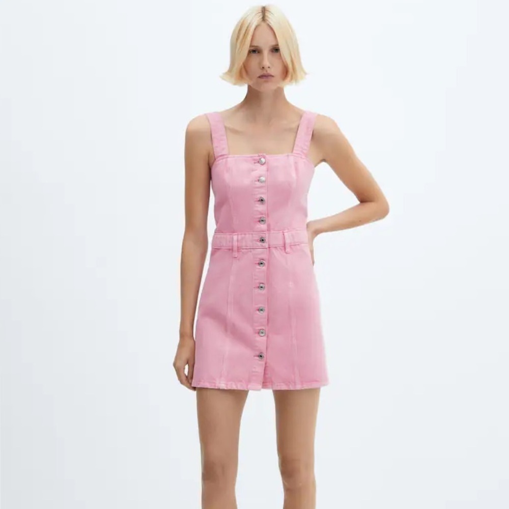 Mango pastel powder pink denim button mini dress - size 6 (Medium)